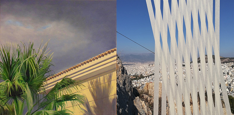 Dual panel (left: painted cityscape : house, tree, softly lit ) (right installation, photo, Athens hill): art show Athenian Topographies