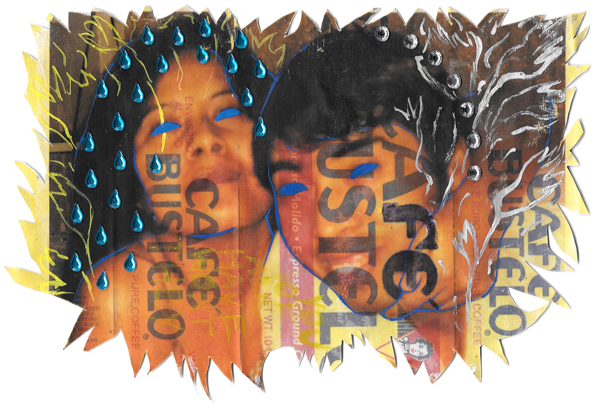 Photos of heads, boy and girl, manipulated, via collage, drawing. Pasted with Cafe Bustelo inscriptions: art show