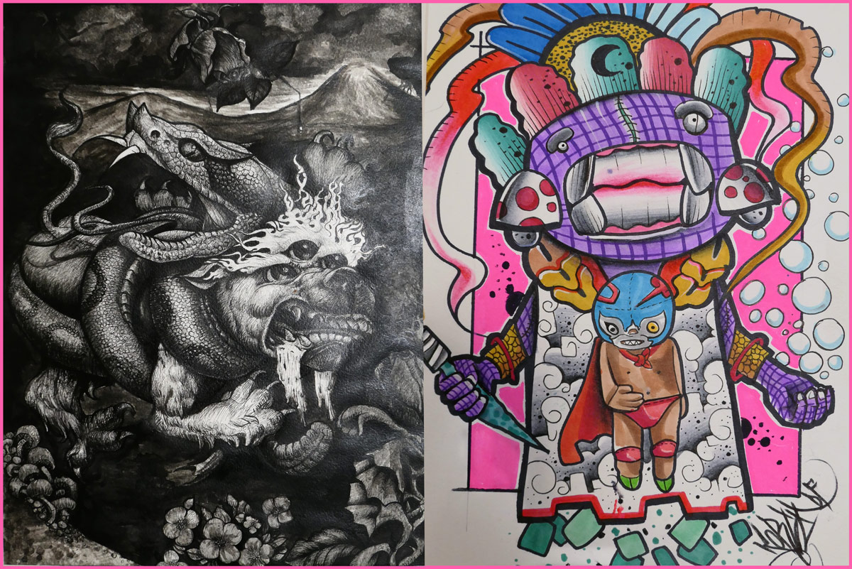 Mex influenced drawings (left B+W tattoo inspired) (right colorful comic inspired): art show DIBUJOS Y GARABATOS