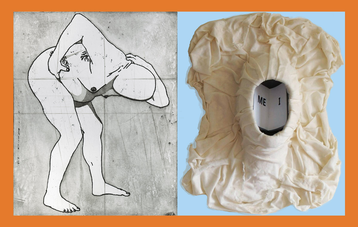 Abstract dual composition (left human figure nude drawing) (right fabric installation): art show MY BODY MY BATTLE