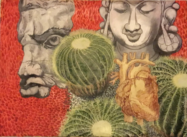 The Illusion of Separation. Art show. - painting of cacti,Buddha,bull head,heart