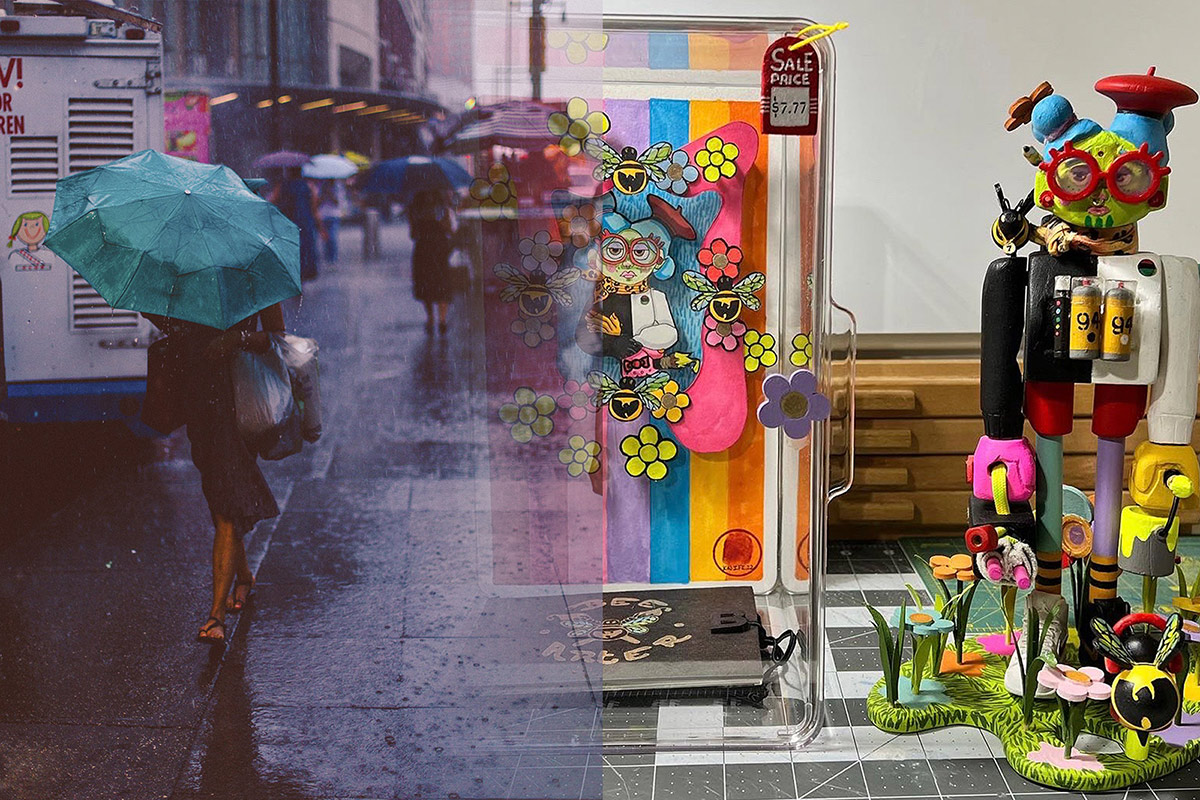Two photographs: Left half: a rainy street gray mood with walking person holding umbrella walking to the front; at right, a colorful pop art android figure with glasses and a background with pink, yellow, red elements. Art show named Snapshots