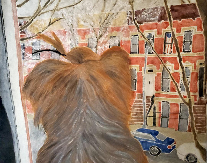 Dog looking out an apartment window to the street - Painting