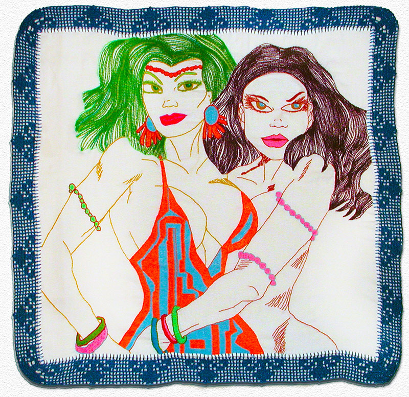 Colorful pop Embroidery work with two embracing women: Karnalitas