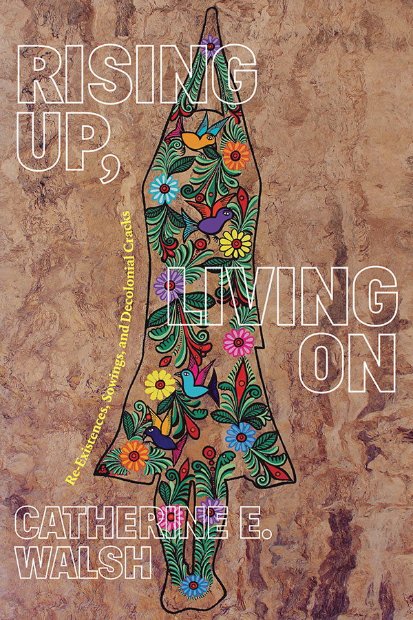 Colorful traditional and modern design of woman silhouette arms to sky, filled with flowers, birds. Book cover: Rising Up, Living On