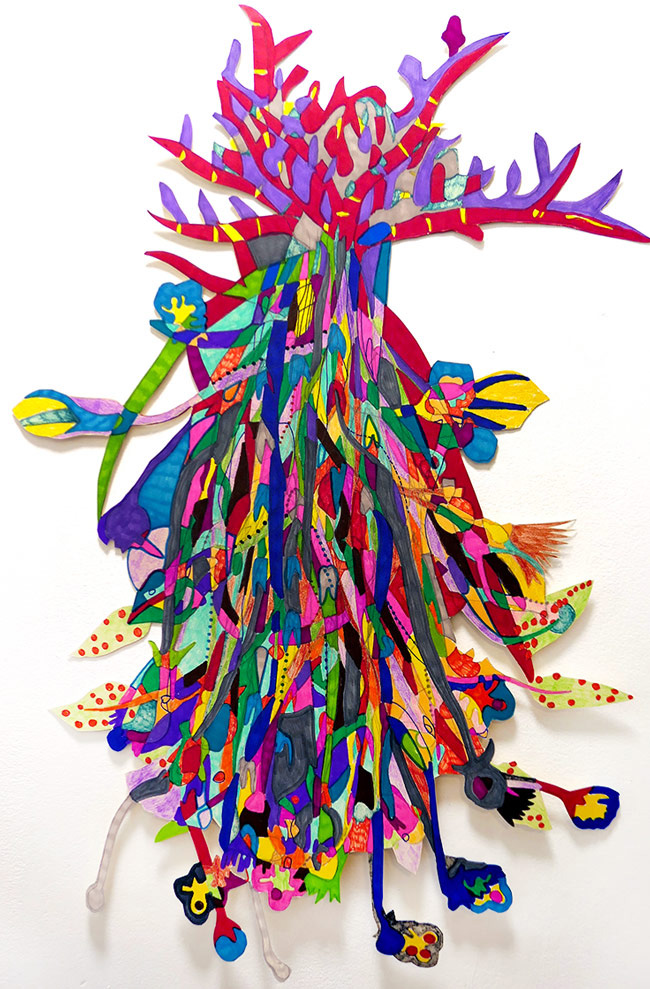 Colorful complex cascading paper artwork