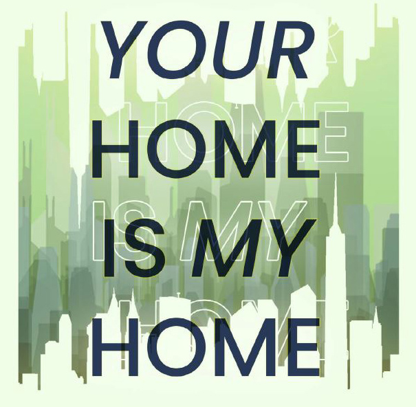 NY cityscape and letters in pale green, gray. Your Home is My Home show poster Hudson County Community College